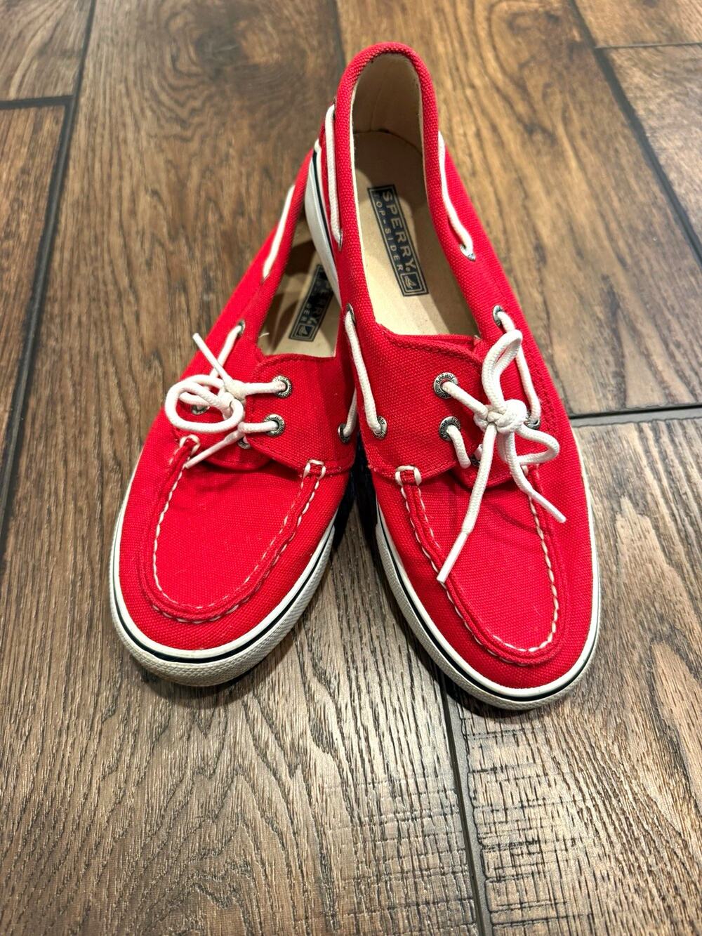 Sperry Top-Sider Boat Shoes Red White Canvas Women US 6.5 Beach Coastal Cottage